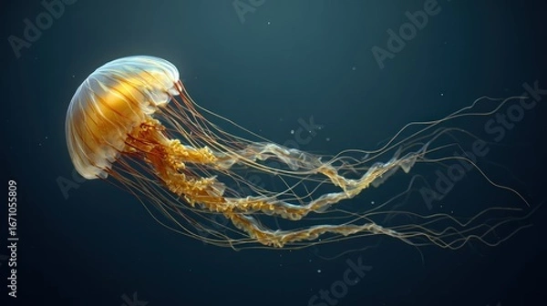 Fototapeta Golden jellyfish gracefully drifting in deep ocean