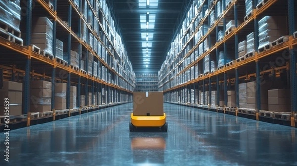 Fototapeta A modern warehouse filled with neatly stacked boxes, featuring a robotic cart transporting a package along a shiny floor.