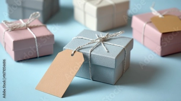 Fototapeta Pastel-colored gift boxes with twine and tags
