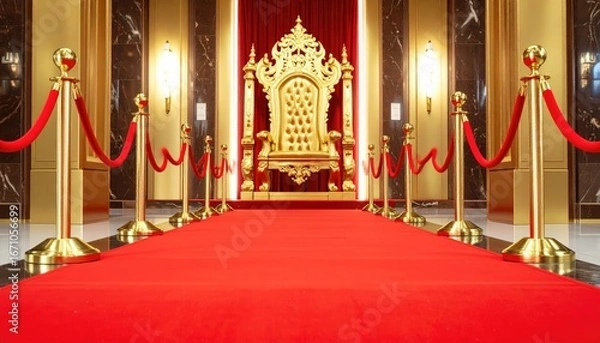 Obraz Red carpet leads to a majestic gold throne in a grand hall.