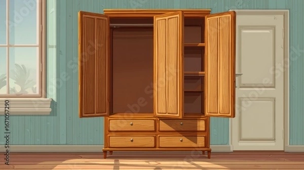 Fototapeta Open antique wardrobe in a teal room