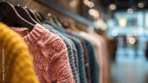 Fototapeta Knitwear display in a store.  Variety of colors and styles