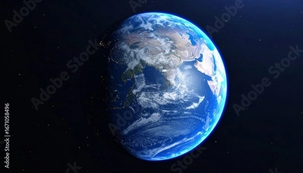 Fototapeta Glowing Blue Marble: Earth's Majestic Transition from Day to Night Over Asia