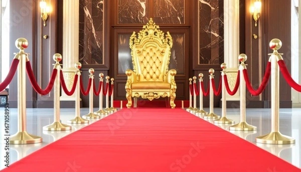 Obraz A regal golden throne awaits on a red carpet, flanked by velvet ropes.