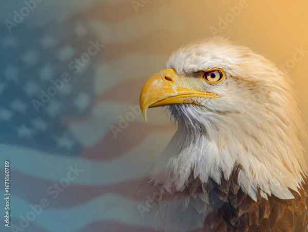 Fototapeta Patriotic Bald Eagle with USA Flag — Right-Aligned Hero Banner, Copy Space for Headlines