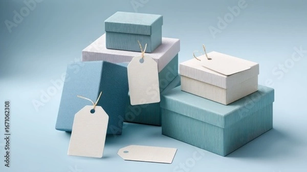 Fototapeta Stacked gift boxes with blank tags