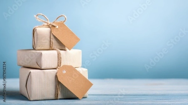 Fototapeta Stack of wrapped gifts with tags