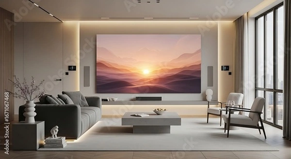 Fototapeta Modern Home Theater with Large Screen Displaying Sunset.