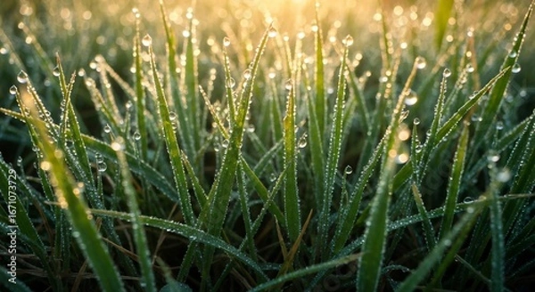 Fototapeta Dew drops on blades of grass with soft light filtering through