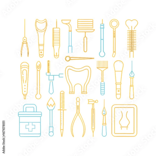 Fototapeta A collection of line art icons representing various dental and medical instruments, including a tooth, first-aid kit, and specialized tools.