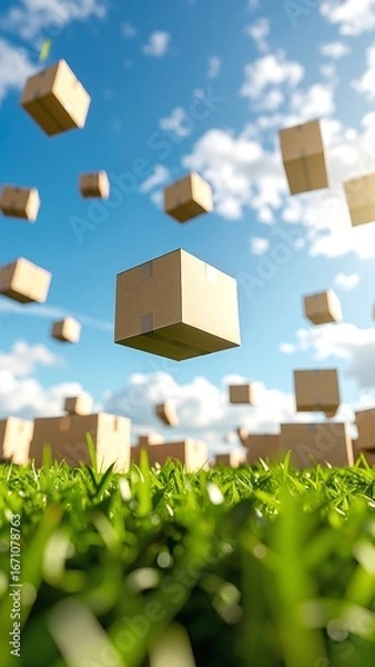 Fototapeta A colorful assortment of cardboard boxes soaring through a bright blue sky, some tumbling and others stacked, creating a whimsical, dynamic scene.
