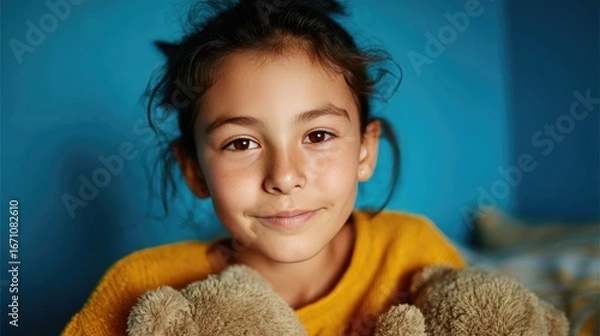 Fototapeta Joyful Young Girl Smiling with Teddy Bear in Cozy Bedroom Setting