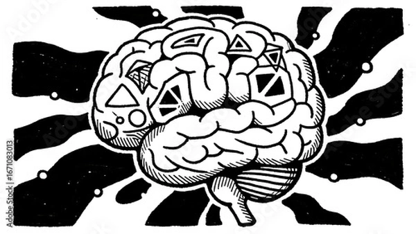 Obraz Abstract line art of a brain with geometric patterns, merging science and art, perfect for educational or psychology-themed projects.