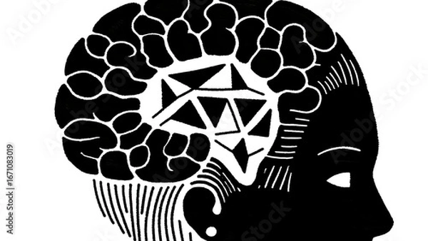 Obraz Abstract line art of a brain with geometric patterns, merging science and art, perfect for educational or psychology-themed projects.