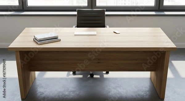Fototapeta Office desk with computer accessories and books facing a window