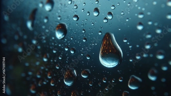 Fototapeta Reflections on the Window: A close-up shot reveals sparkling water droplets clinging to glass, offering a glimpse into a world of clarity, purity, and the calming essence of rain. 