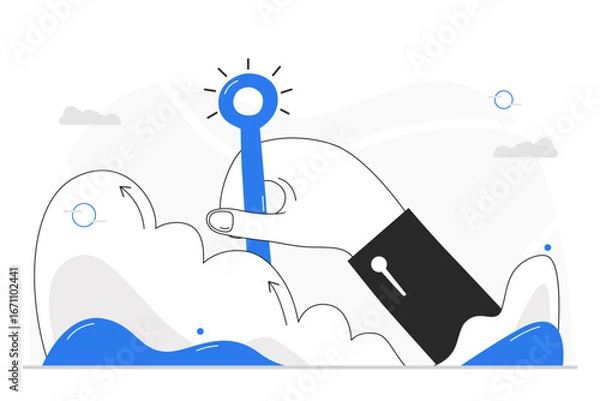 Obraz A hand, emerging from an energetic cloud, holds a key or scepter,triumphantly. Overcoming challenges and finding the solution or unlocking the secret to success in business by emphasizing strategy.
