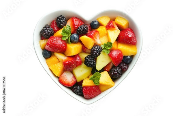 Obraz Heart shaped bowl of fresh fruit salad with strawberries, mango, blackberries, blueberries, and mint isolated on transparent background