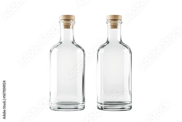 Obraz Two empty glass bottles with cork stoppers mockup, liquid container, beverage packaging, still life, product presentation isolated on transparent background