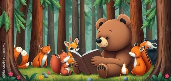 Obraz Cute bear reading to forest animals (fox, bunny, squirrel, raccoon) amongst trees,  illustration,   vector art