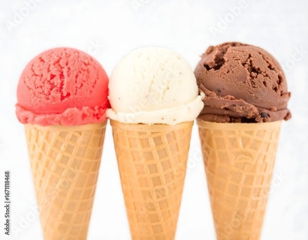 Fototapeta Classic trio of strawberry, vanilla, and chocolate ice cream scoops presented in fresh waffle cones on a simple white studio background