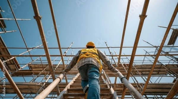 Fototapeta Construction worker ascending scaffolding against a clear blue sky upward view