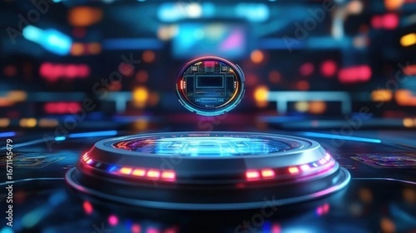 Fototapeta A glowing orb of circuits floats above a platform in a futuristic, neon-lit environment