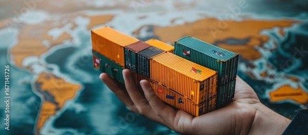 Fototapeta A hand holds miniature shipping containers against a blurred world map background, illustrating global trade and logistics