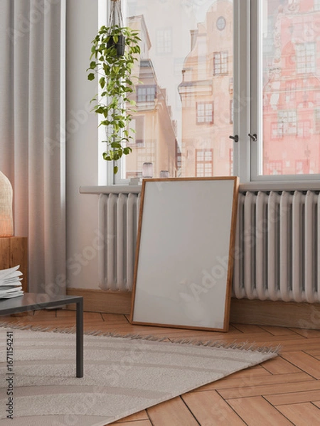 Fototapeta One blank mockup, frame in room, interior empty frame art background, 3D render