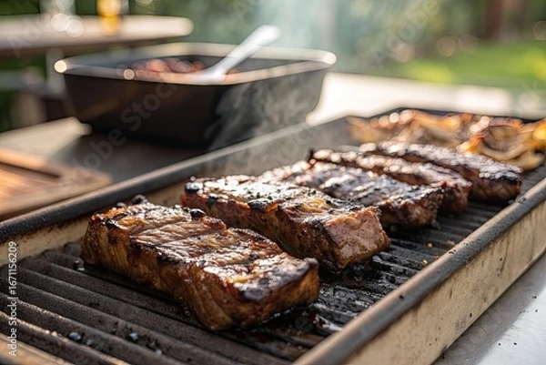 Obraz Grilled steaks sizzling on a barbecue grill