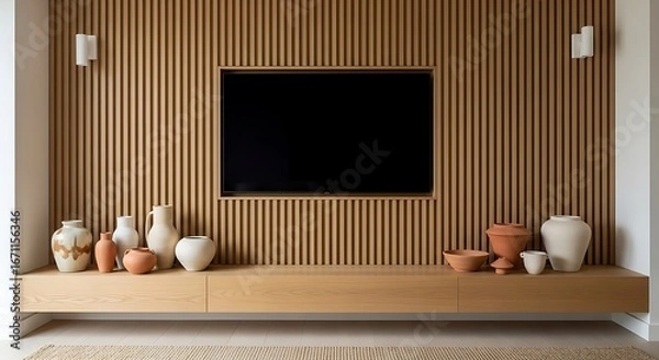 Fototapeta Modern Living Room Entertainment Wall with Slatted Wood Design.