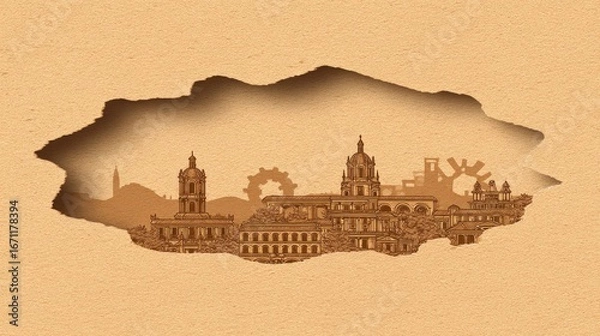 Fototapeta Architectural cityscape outlined within a torn paper design.