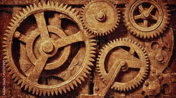 Fototapeta Close-up of intricate, rusted gears.