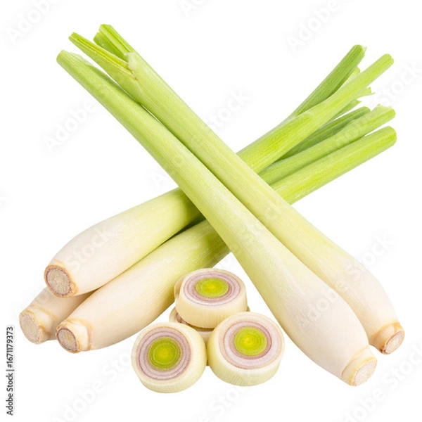 Fototapeta Lemongrass Culinary Delights Isolated On White Background: An appealing composition of fresh lemongrass stalks and meticulously sliced segments. revealing the plant's texture.
