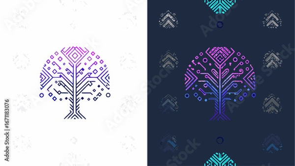 Fototapeta Digital tree with geometric shapes and circuit board patterns on contrasting backgrounds showing duality