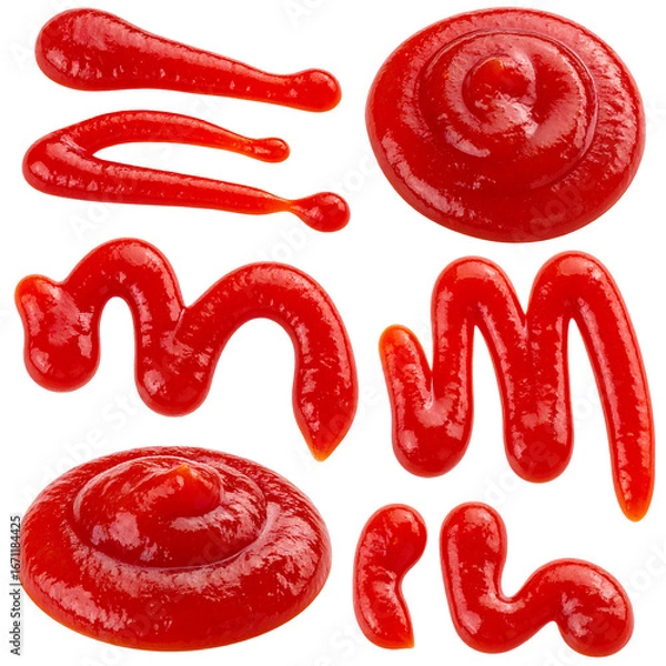 Fototapeta Ketchup Artistic Design Isolated On White Background: The image features artistic ketchup swirls, dots, and lines arranged on a surface, offering an inviting display of color and texture. 