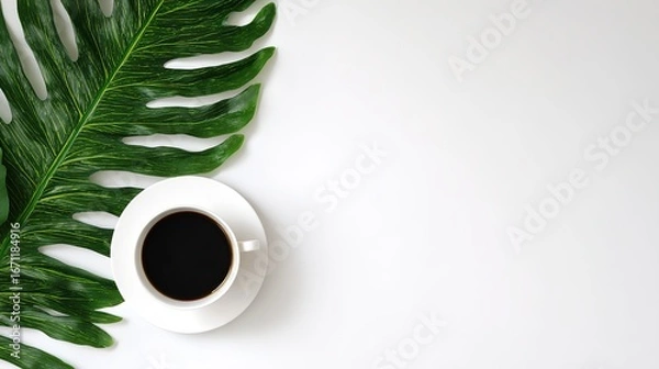 Obraz コーヒーカップと植物を置いたミニマリストなワークスペース。上から見るとシンプルさと生産性が際立っています。