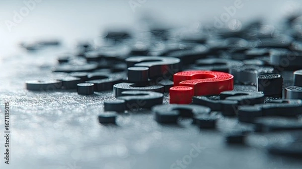 Fototapeta A single, vibrant red question mark amongst many dark question marks.