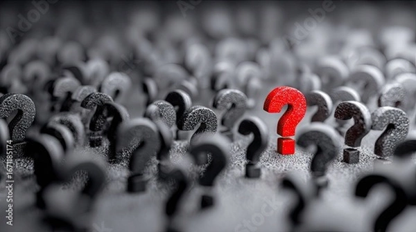Fototapeta A red question mark stands out amongst many dark question marks.