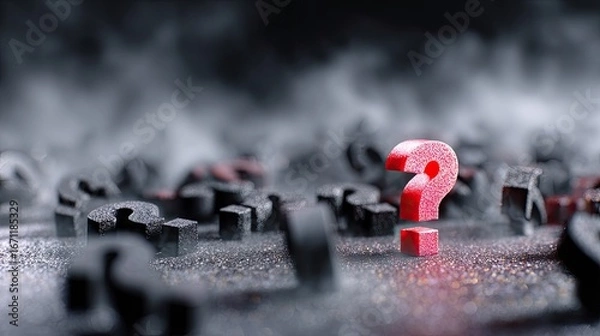 Fototapeta Red question mark amidst dark symbols.