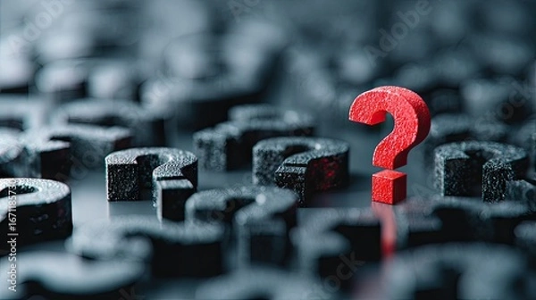 Fototapeta Red question mark amidst many dark question marks.