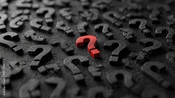 Fototapeta Red question mark amidst many black question marks.
