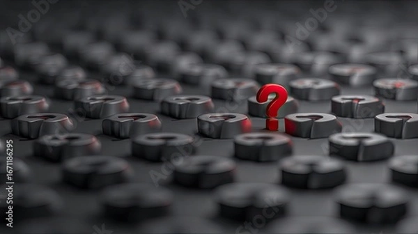 Fototapeta Red question mark in a field of gray question marks.