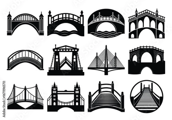 Fototapeta Collection of Bridge Silhouettes in Black and White for Design Elements