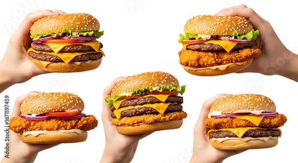 Fototapeta Collection of delicious burgers held in hands isolated on transparent background