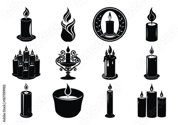 Fototapeta Collection of Black and White Candle Illustrations in Various Shapes and Styles
