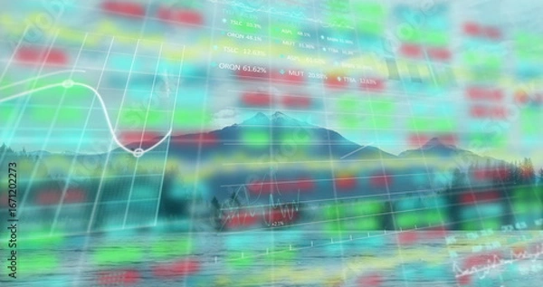 Fototapeta Displaying translucent stock market data overlay over reflective mountain lake with evergreen trees