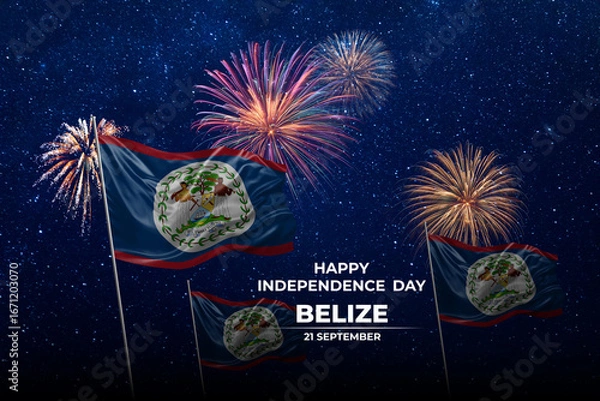 Fototapeta National flags of Belize in night sky with stars and fireworks