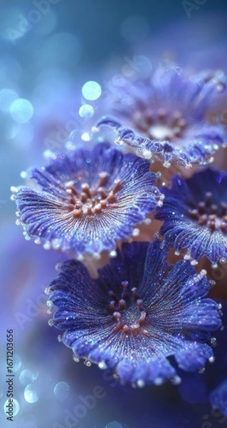 Fototapeta Close-up of intricate,  purple-blue flowers.  Delicate,  faceted petals.  Bokeh background