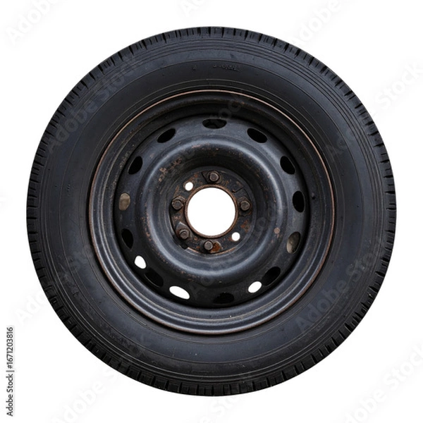 Fototapeta White background showing an isolated black automobile tire with a shiny aluminum rim